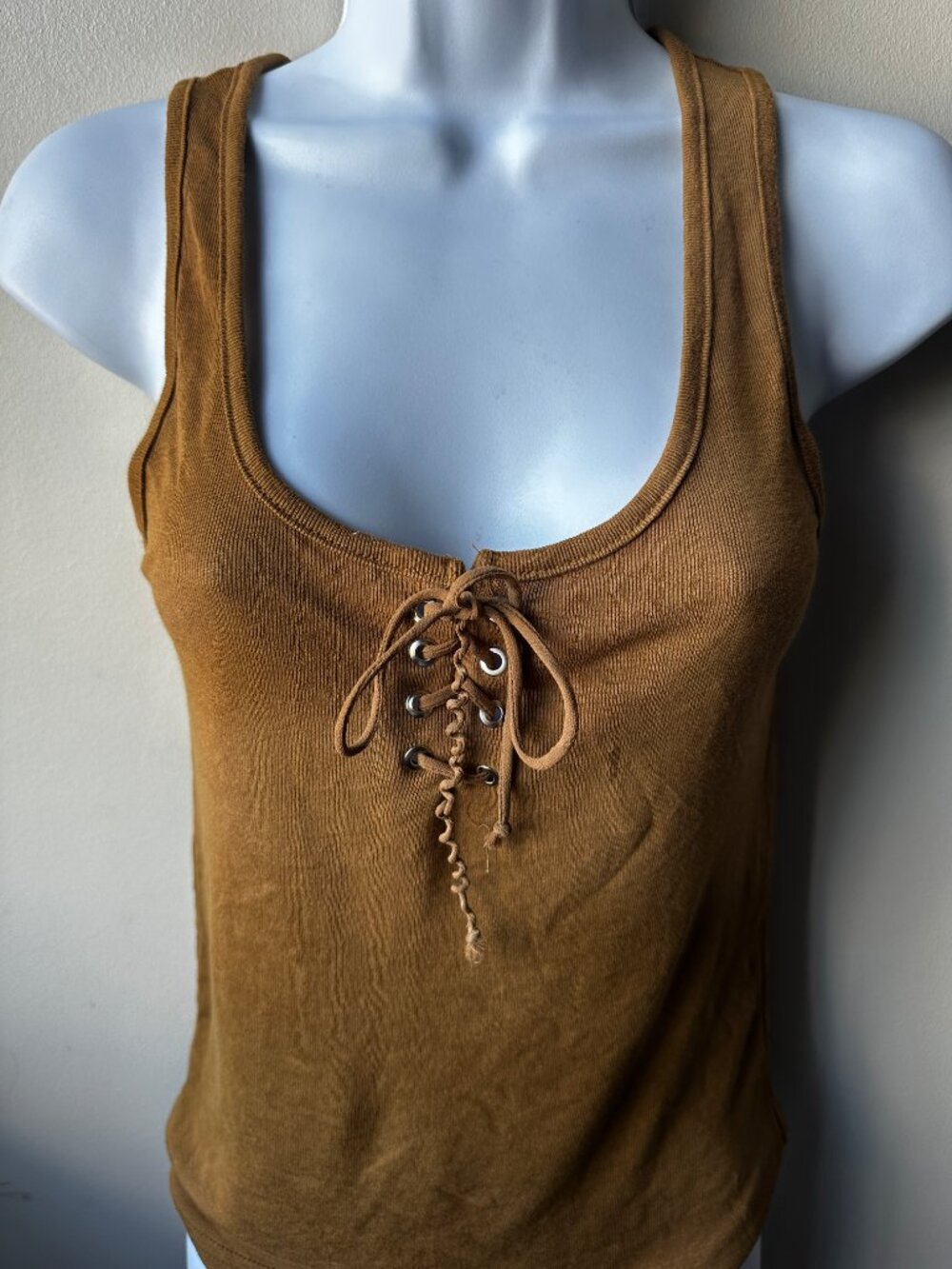 Sweewe Women's S Camel Tan Ribbed Knit Lace Up Sleeveless Tank Top Boho Chic